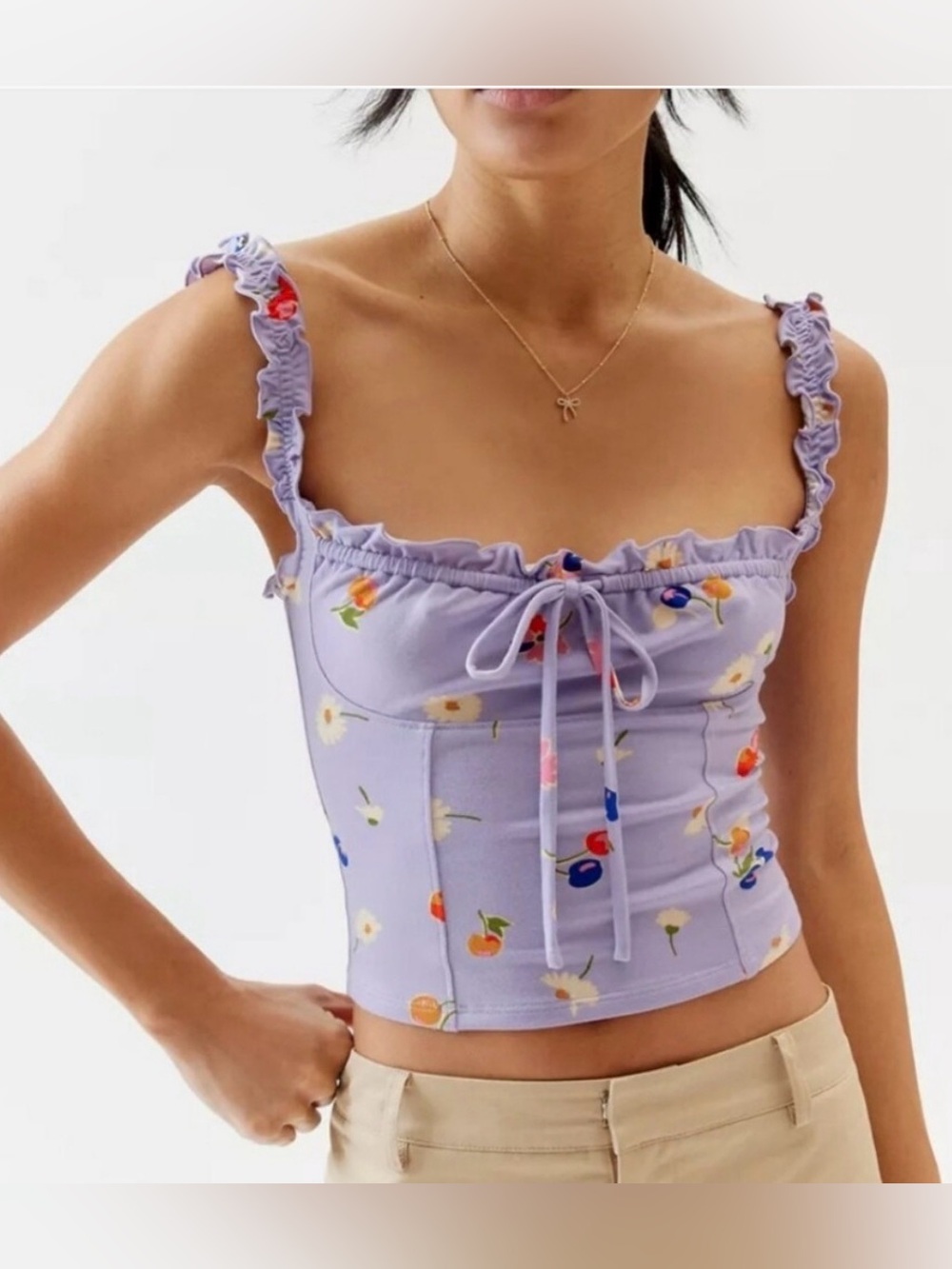 Urban Outfitters Elsa Floral Tank Cami Ruffle Bow Tie Coquette Purple Lavender S